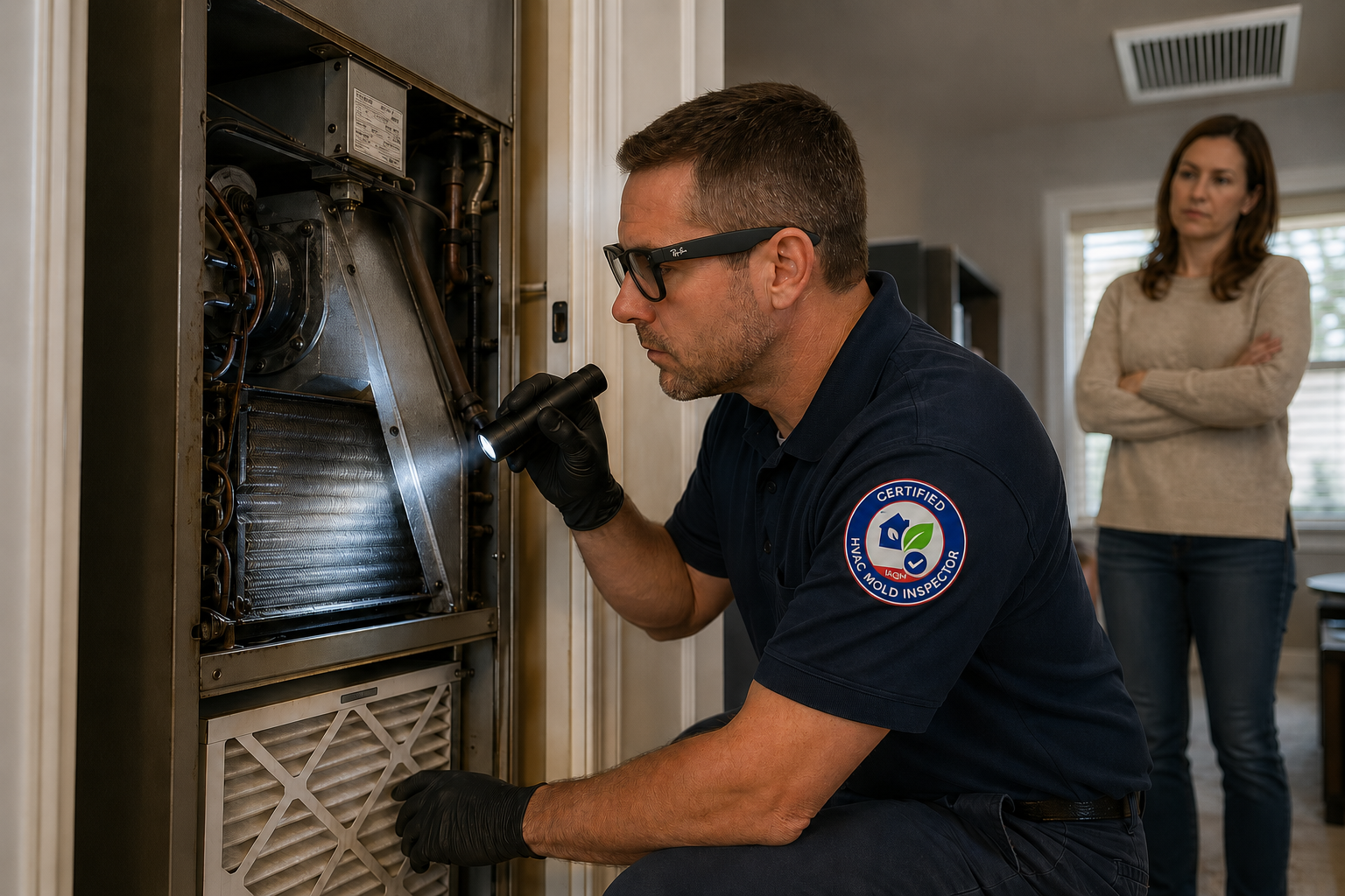 Certified HVAC mold inspector examining a furnace with a flashlight while a homeowner observes