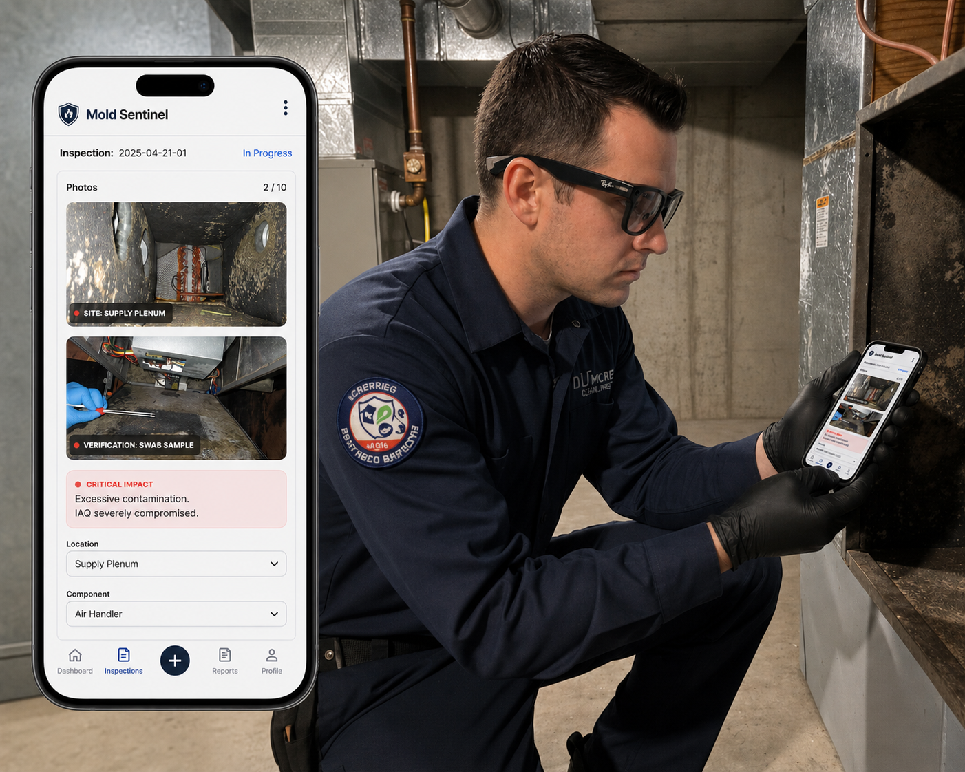 HVAC technician using the Mold Sentinel app to find hidden mold in HVAC ductwork