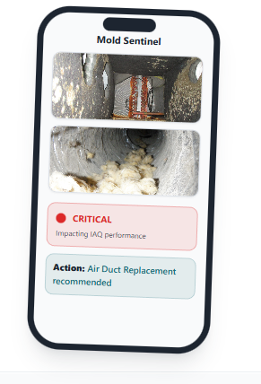 Mold Sentinel mobile app showing a critical air duct finding with recommended action